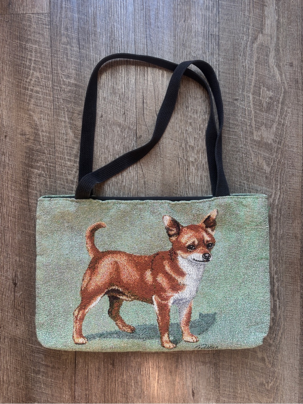 Linda Picken Vintage Mint Green Chihuahua Tapestry Tote with Black Straps